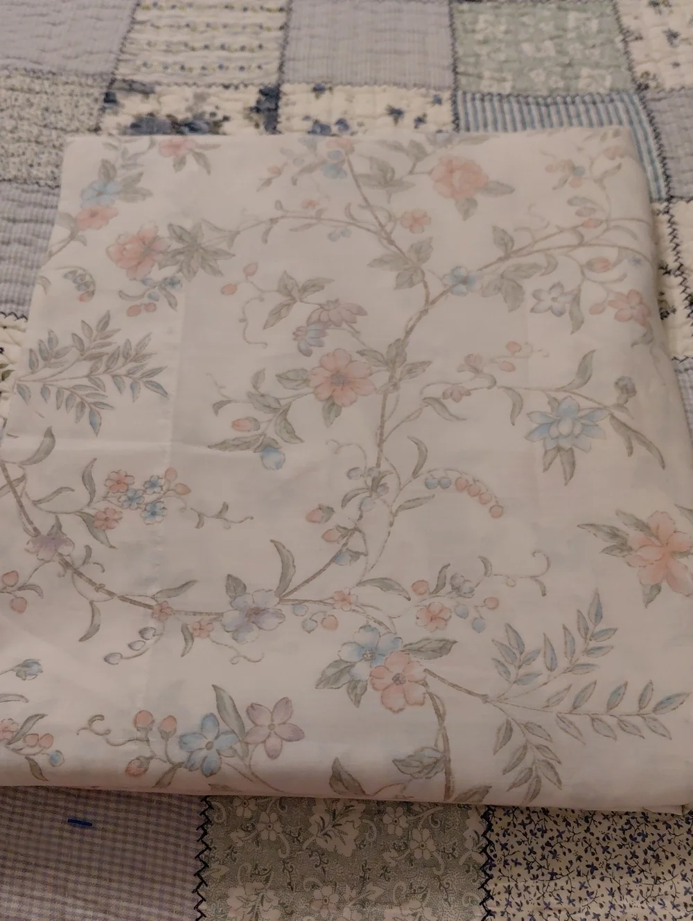 Pastel Floral Vine Cotton Sheet - White with Pink & Blue Accents